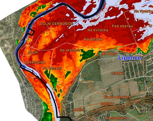 Hloubková mapa povodně, srpen 2002